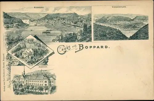 Litho Boppard am Rhein, Vierseenplatz, Seminar, Blick auf den Ort