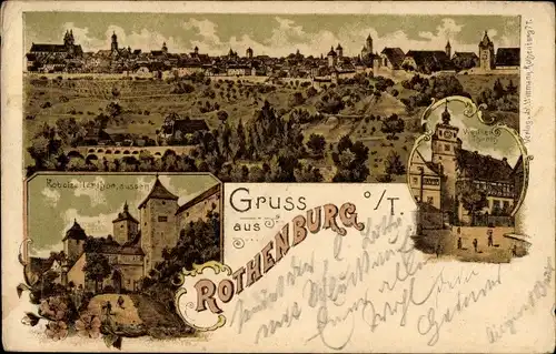 Litho Rothenburg ob der Tauber Mittelfranken, Totalansicht, Kobolzeller Tor, Weißer Turm