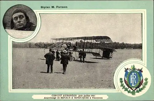 Ak Aviation, Circuit Europeen, Atterrissage de Renaux et Senouques a Vincennes,  Biplan M. Farman