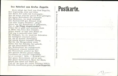 Ak Das Hohelied vom Grafen Zeppelin, Siegeszug des Luftschiffes Modell IV und seine Vernichtung