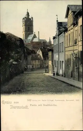 Ak Darmstadt in Hessen, Partie mit Stadtkirche