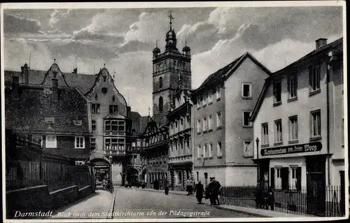 Ak Darmstadt in Hessen, Stadtkirchturm, Pädagogenstraße