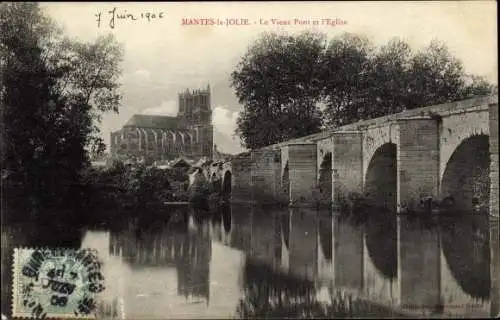 Ak Mantes la Jolie Yvelines, Le Vieux Pont, L'Eglise