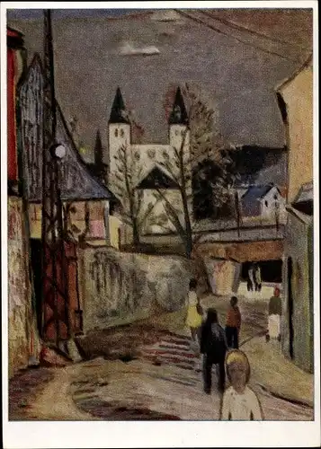 Künstler Ak Frey, Eberhard, Gernrode Quedlinburg im Harz, Straßenpartie mit Stiftskirche