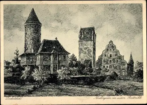 Künstler Ak Dinkelsbühl in Mittelfranken, Nördlinger Tor v. a. Stadtmühle