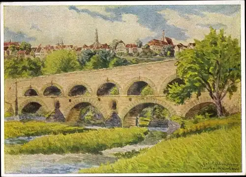 Künstler Ak Hellmann, J., Rothenburg ob der Tauber Mittelfranken, Doppelbrücke, Ort