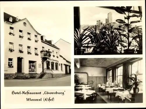 Ak Monreal Eifel, Haus Löwenburg, Café Restaurant, Speisesaal, Blick zur Burg