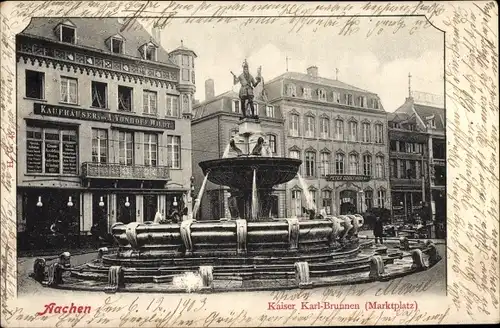 Ak Aachen in Nordrhein Westfalen, Kaiser Karl Brunnen, Marktplatz