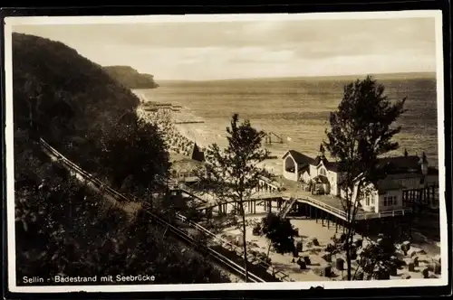 Foto Ak Ostseebad Sellin auf Rügen, Badestrand, Seebrücke