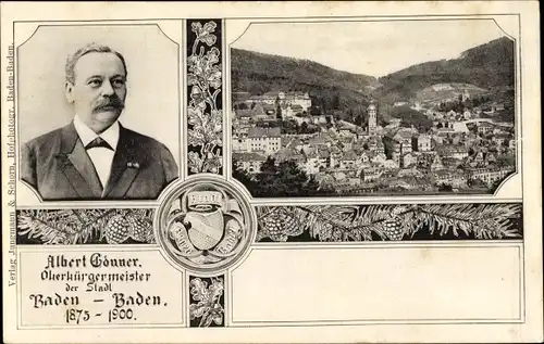 Ak Baden Baden am Schwarzwald, Oberbürgermeister Albert Gönner, Blick auf den Ort