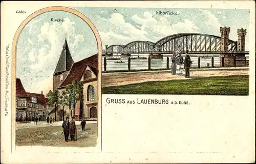 Litho Lauenburg an der Elbe, Elbbrücke, Kirche