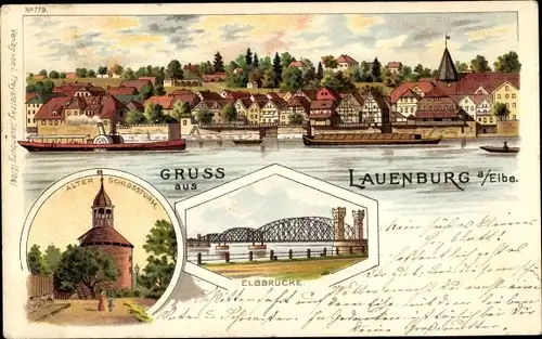 Litho Lauenburg an der Elbe, Alter Schlossturm, Elbbrücke, Blick auf den Ort