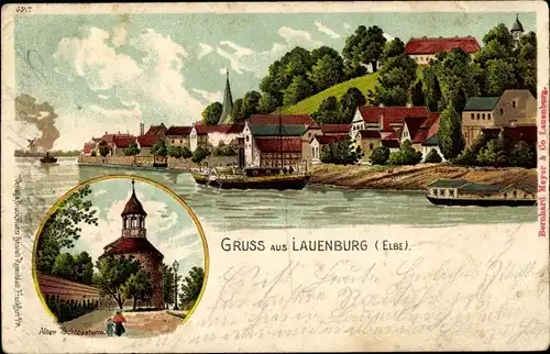 Litho Lauenburg an der Elbe, Alter Schlossturm, Blick auf den Ort