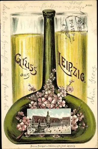 Passepartout Litho Leipzig in Sachsen, Rathaus, Biergläser, Weinflasche