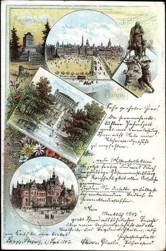 Litho Leipzig in Sachsen, Augustusplatz, Bismarck Denkmal, Theater, Buchhändlerhaus