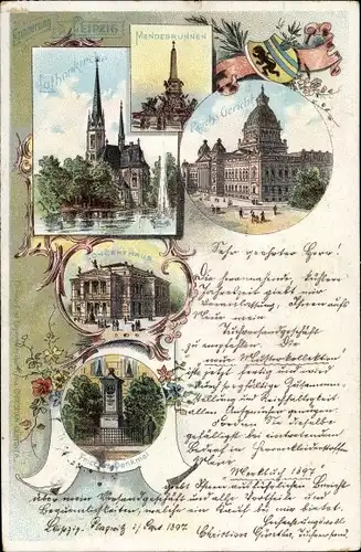 Litho Leipzig in Sachsen, Reichsgericht, Lutherkirche, Konzerthaus, Wappen