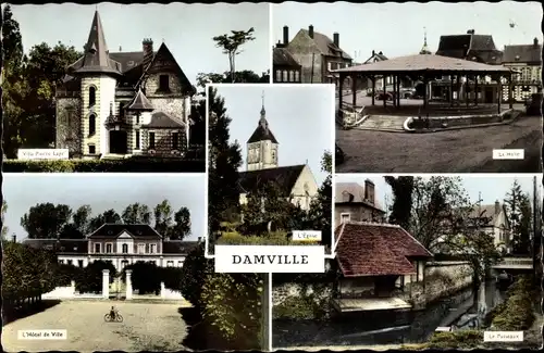 Ak Damville Eure, L´Église, Villa Pierre Laye, La Halle, Le Puiseaux