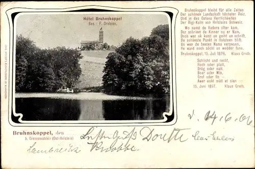 Ak Bruhnskoppel Malente in Ostholstein, Hotel von H. Grebien, Blick vom Wasser