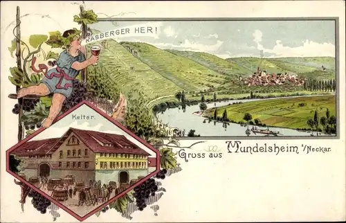 Litho Mundelsheim am Neckar, Kelter, Käsberger her, Panorama