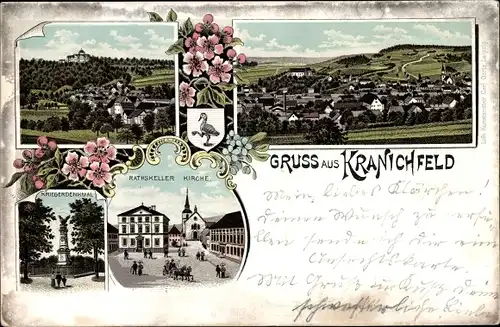 Litho Kranichfeld in Thüringen, Panorama, Kriegerdenkmal, Ratskeller, Kirche, Wappen