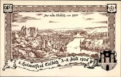 Künstler Ak Colditz in Sachsen, 2. Heimatfest 1926, Stadtpanorama um 1800