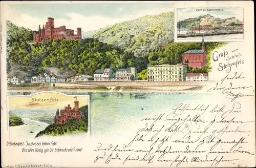 Litho Stolzenfels Koblenz am Rhein, Schloss Stolzenfels, Ehrenbreitstein