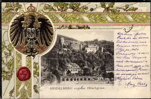 Präge Wappen Passepartout Ak Heidelberg am Neckar, Schloss von der Hirschgasse