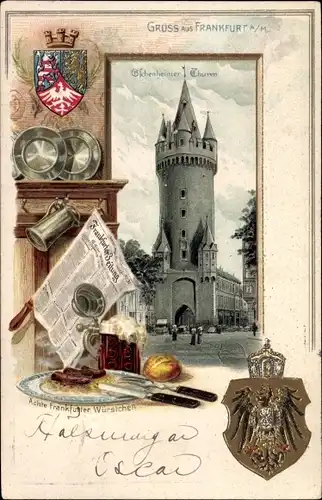 Präge Wappen Passepartout Litho Frankfurt am Main, Eschenheimer Turm, Zeitung, Würstchen