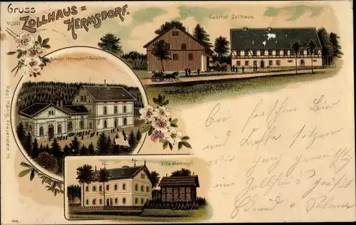 Litho Hermsdorf im Osterzgebirge, Gasthof Zollhaus, Bahnhof Hermsdorf Rehefeld, Villa Martini