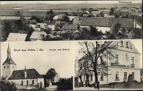 Ak Köhra Belgershain in Sachsen, Panorama, Kirche, Schule, Restauration zur Linde