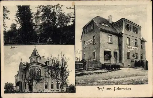 Ak Doberschau Gaußig Oberlausitz, Schloss, Schule, Geschäftshaus