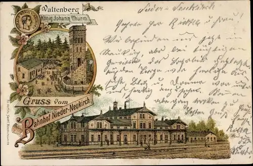 Litho Niederneukirch Neukirch in der Lausitz, Bahnhof, Valtenberg, König Johann Turm