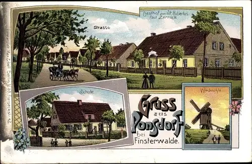 Ak Ponnsdorf bei Finsterwalde Niederlausitz, Gasthof zum St. Hubertus, Schule, Windmühle