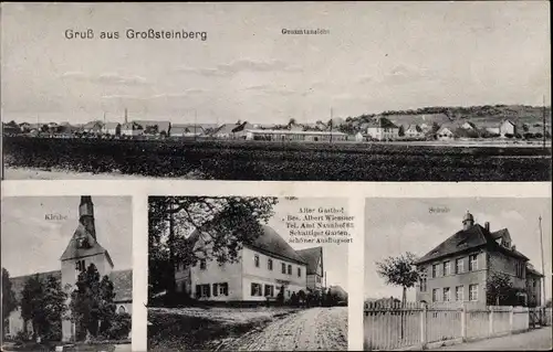 Ak Großsteinberg Parthenstein in Sachsen, Gesamtansicht, Kirche, Alter Gasthof, Schule