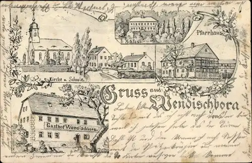 Litho Wendischbora Nossen in Sachsen, Kirche, Schule, Pfarrhaus, Schloss, Gasthof