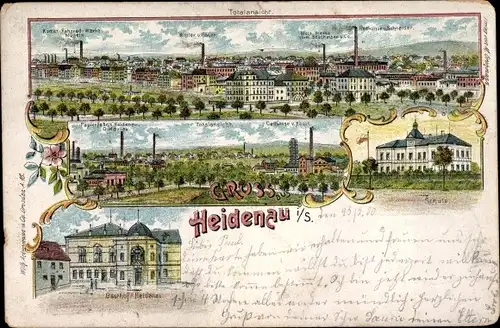 Litho Heidenau in Sachsen, Panorama, Papierfabrik, Schule, Gasthof