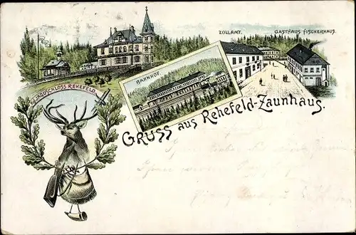Litho Rehefeld Zaunhaus Altenberg im Erzgebirge, Jagdschloss, Bahnhof, Zollamt, Gasthaus Fischerhaus
