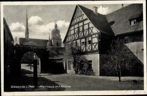 Ak Gößnitz in Thüringen, Pfarrhaus mit Kirche