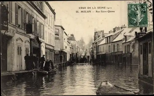 Ak Melun Seine et Marne, Crue de la Seine 1910, Rue Saint Qiesne, Hochwasser