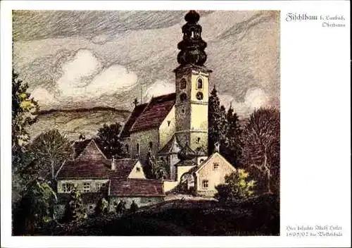 Künstler Ak Fischlham Oberösterreich, Kirche, Ortspartie