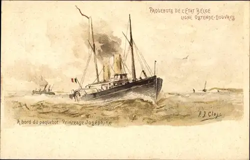 Ganzsachen Künstler Litho Belgien, Fährschiff Princesse Josephine, Linie Ostende Dover