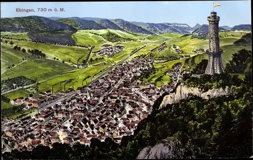 Künstler Ak Ebingen Albstadt im Zollernalbkreis, Blick auf den Ort, Turm