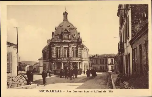Ak Souk Ahras Algerien, Rue Laurent Rose et l'Hotel de Ville