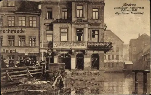 Ak Nürnberg in Mittelfranken, Hochwasser Katastrophe, 1909, Abgerissener Fischersteg