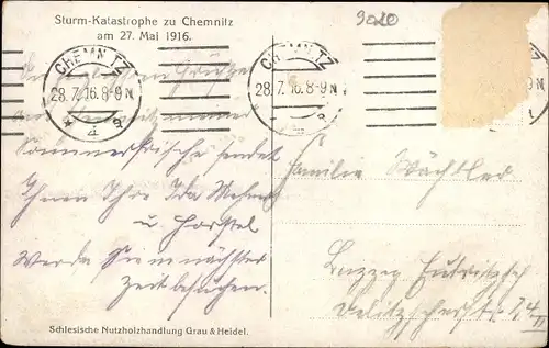 Ak Chemnitz in Sachsen, Sturmkatastrophe 1916, zerstörte Häuser