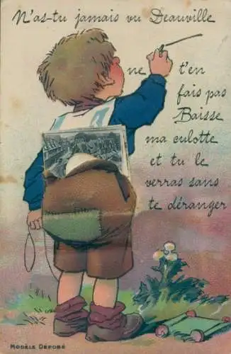Leporello Ak Deauville Calvados, Junge schreibt mit Kreide auf der Mauer, Stadtbilder