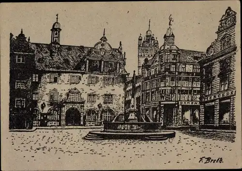 Künstler Ak Breth, F., Darmstadt in Hessen, Marktplatz, Brunnen