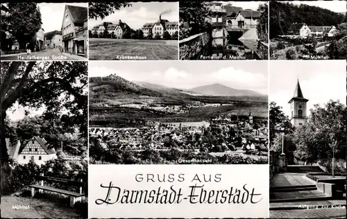 Ak Eberstadt Darmstadt in Hessen, Gesamtansicht, Krankenhaus, Kirche, Mühltal
