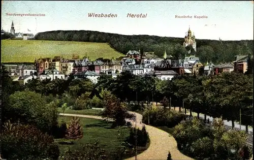 Ak Wiesbaden in Hessen, Nerotal, Russische Kapelle, Nerobergrestaurant