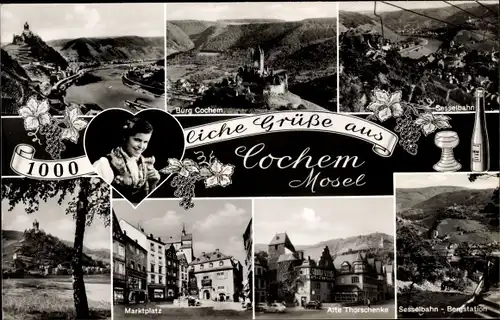 Ak Cochem an der Mosel, Sesselbahn, Panorama, Burg, Marktplatz